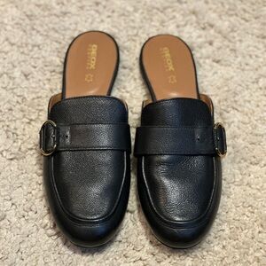 Geox Women's Black Leather Mules with Gold Buckle
